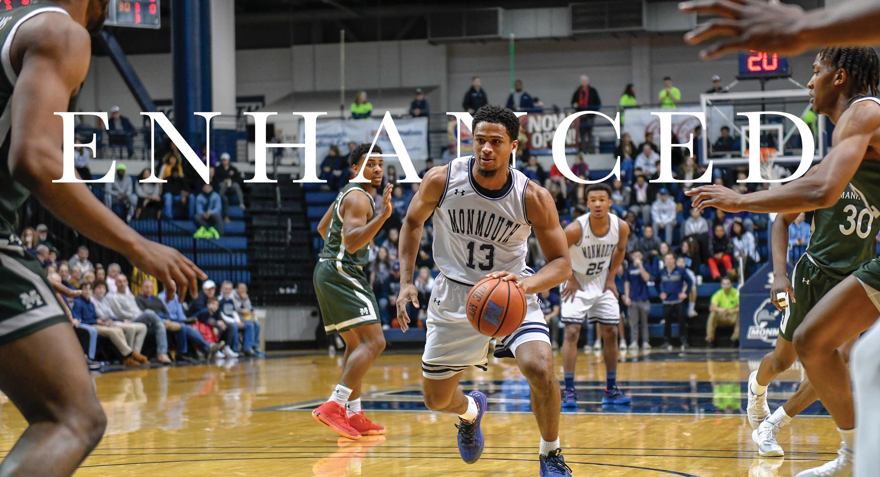 Monmouth basketball game with player dribbling ball and Enhanced title typography displayed