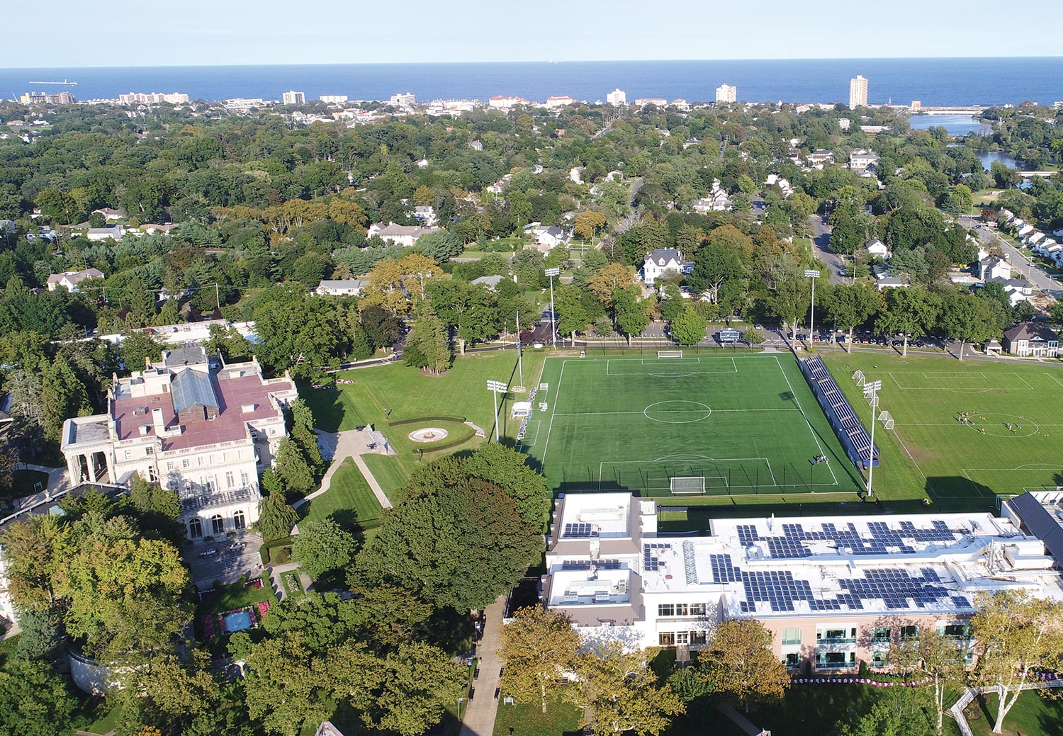 An aerial landscape photograph perspective of the Monmouth University campus