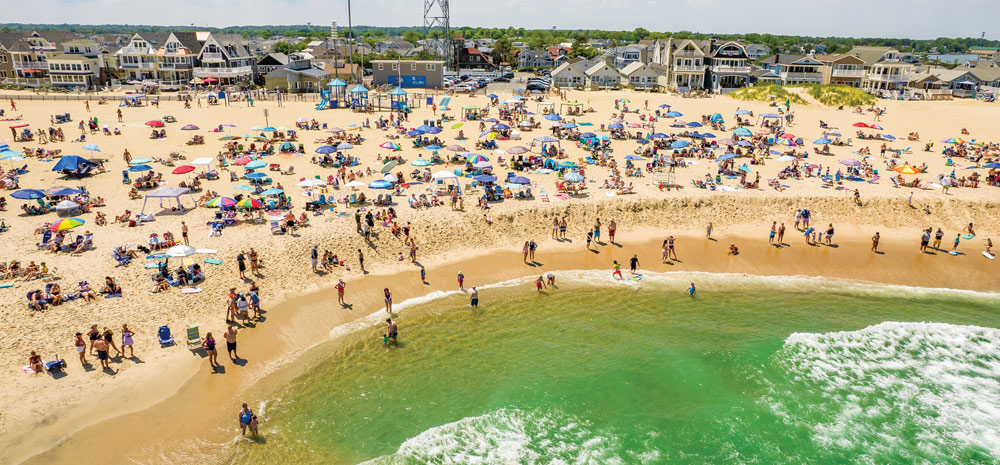 aerial view of a packed beach on the East Coast