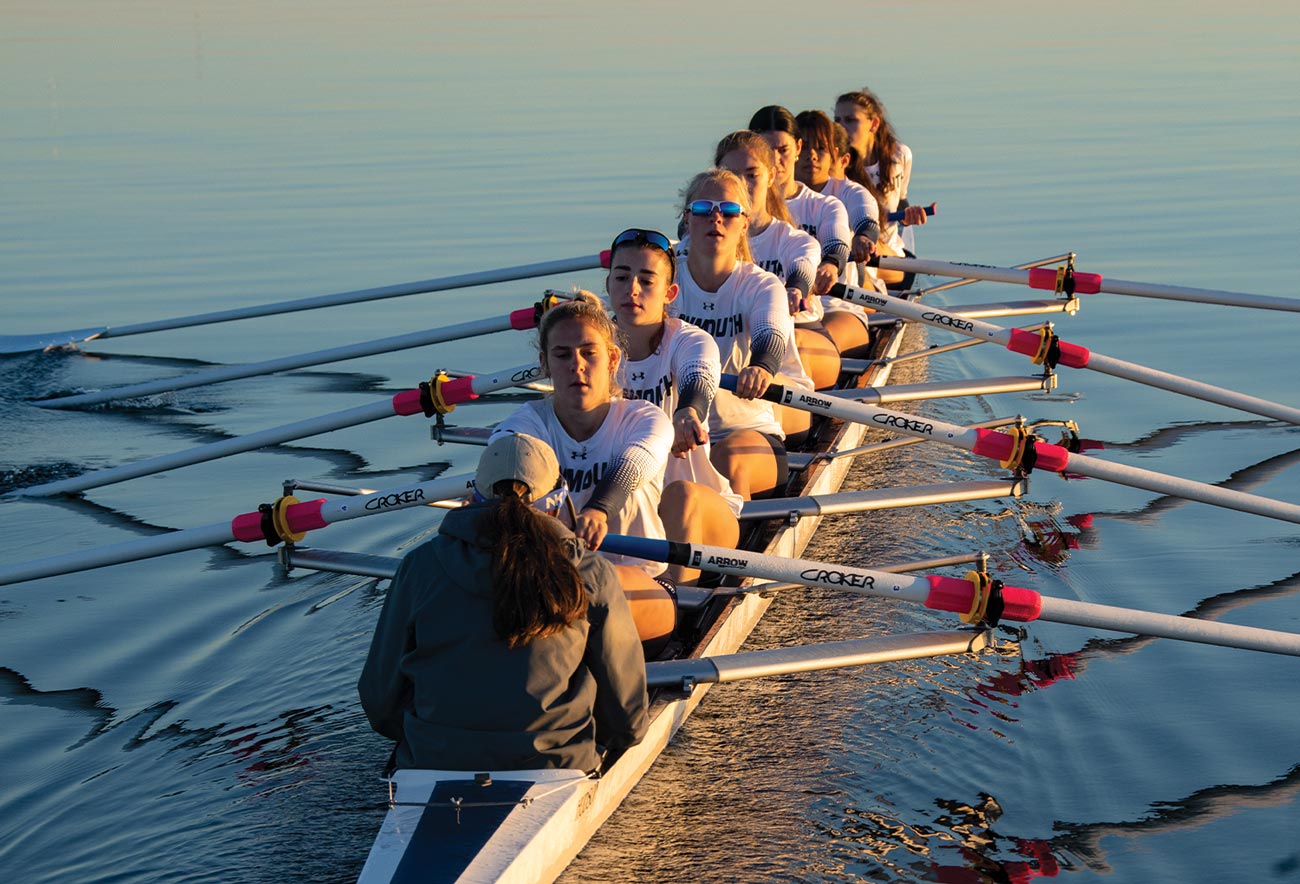 the Monmouth Women's Rowing team out on the water