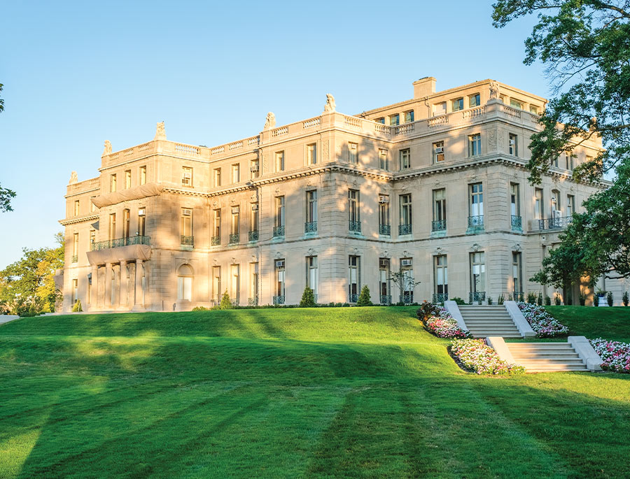 angled view of a large stone building on the Monmouth campus
